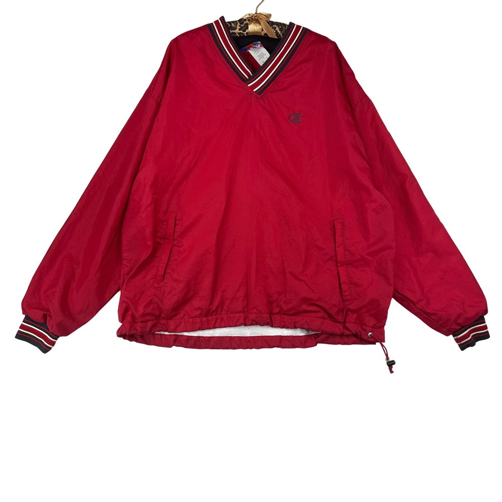 Champion Windbreaker Mens XL Red Pullover V-Neck Jacket Vintage 90s Nylon Shell